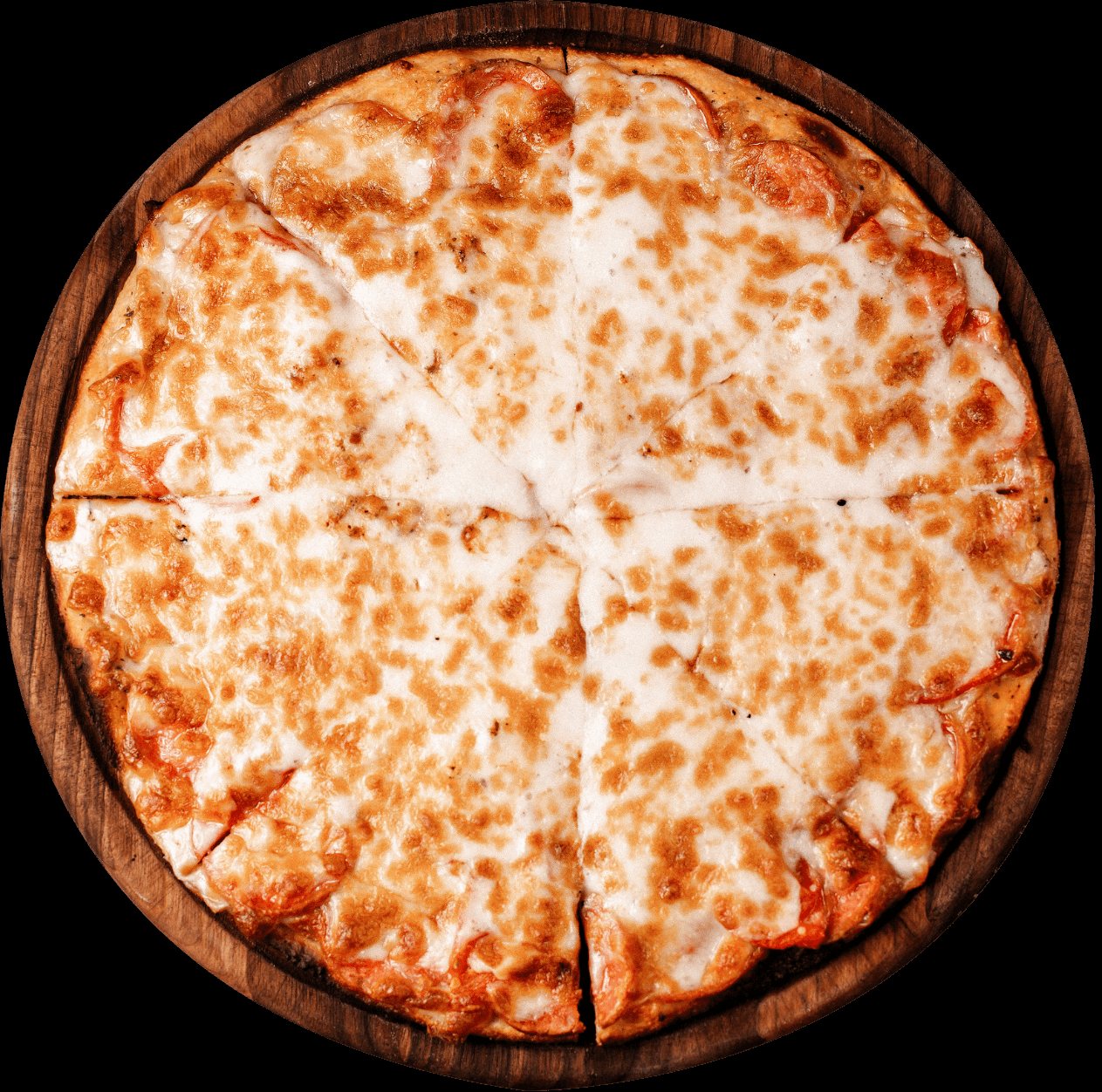 Fresh cheese pizza on a wood board at Pizza Luciano's in Jacó
