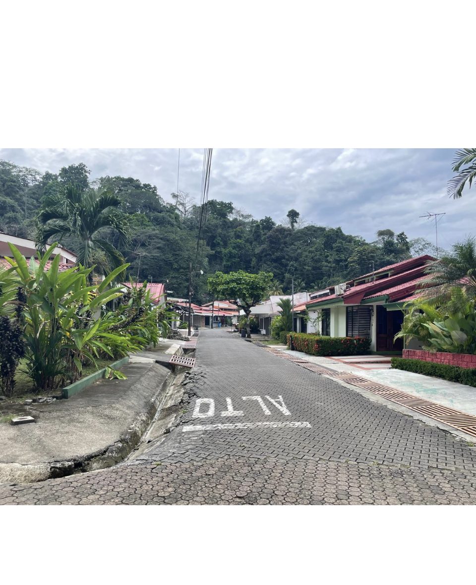 A clean, quiet paved street inside the gated community at Punta Leona near Jaco — real estate Jaco Costa Rica