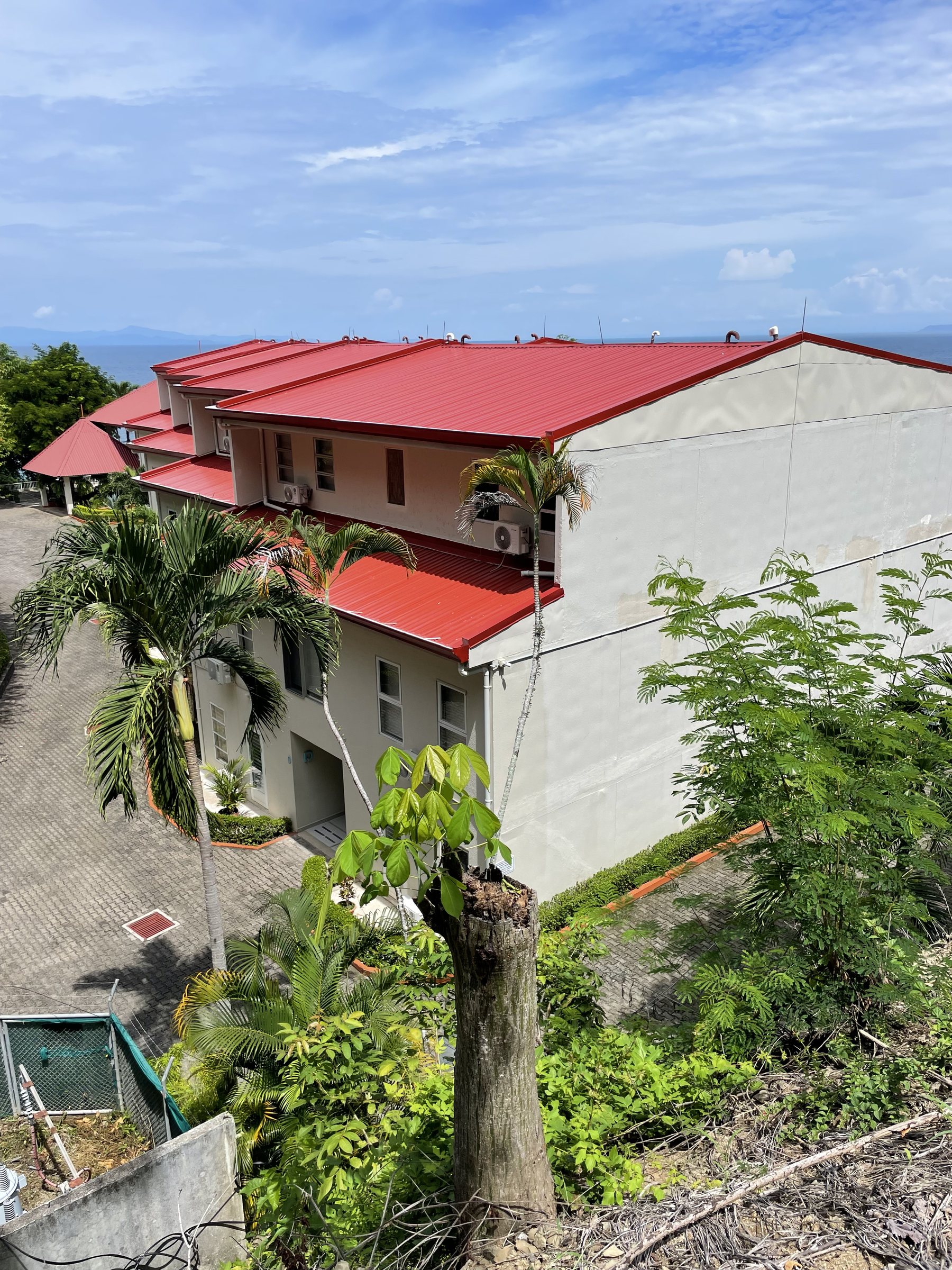 Red-roofed oceanfront condos framed by palms above the ocean at Punta Leona — Jaco Beach real estate