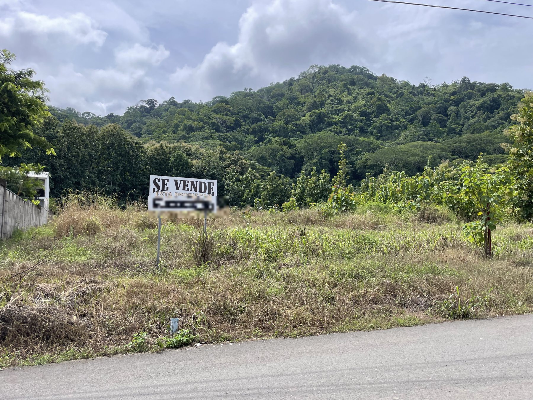 For-sale-by-owner development lot on the paved road entering Punta Leona near Jaco, framed by jungle and mountains — Jaco Beach real estate