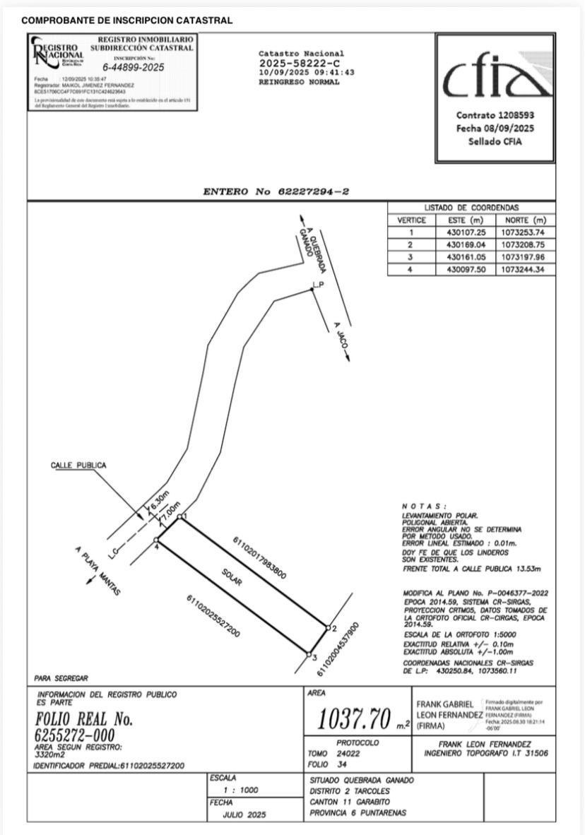 Official cadastral survey plan confirming the 1,037 m² single-family lot near Punta Leona and Playa Blanca — real estate Jaco Costa Rica