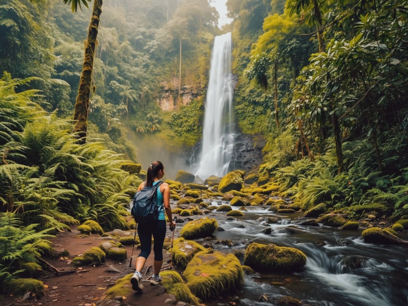 Hiker looking up at a tall rainforest waterfall