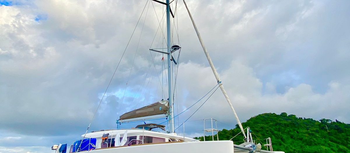 40 foot power catamaran anchored off a Costa Rica beach